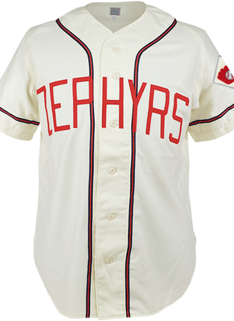 The EFF Hoboken Zephyrs 1960 Home Jersey is a vintage white shirt inspired by The Twilight Zone, featuring red ZEPHYRS lettering, dark trim on buttons and sleeves, plus a red logo patch on the left sleeve—an authentic reproduction.