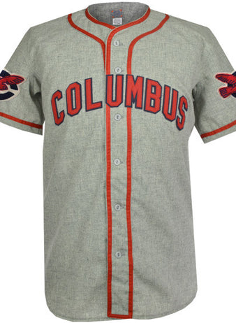 The EFF Columbus Red Birds 1950 Road Jersey is a vintage-style gray flannel with red trim, featuring “COLUMBUS” in bold red and navy across the chest and red bird logos on both sleeves.