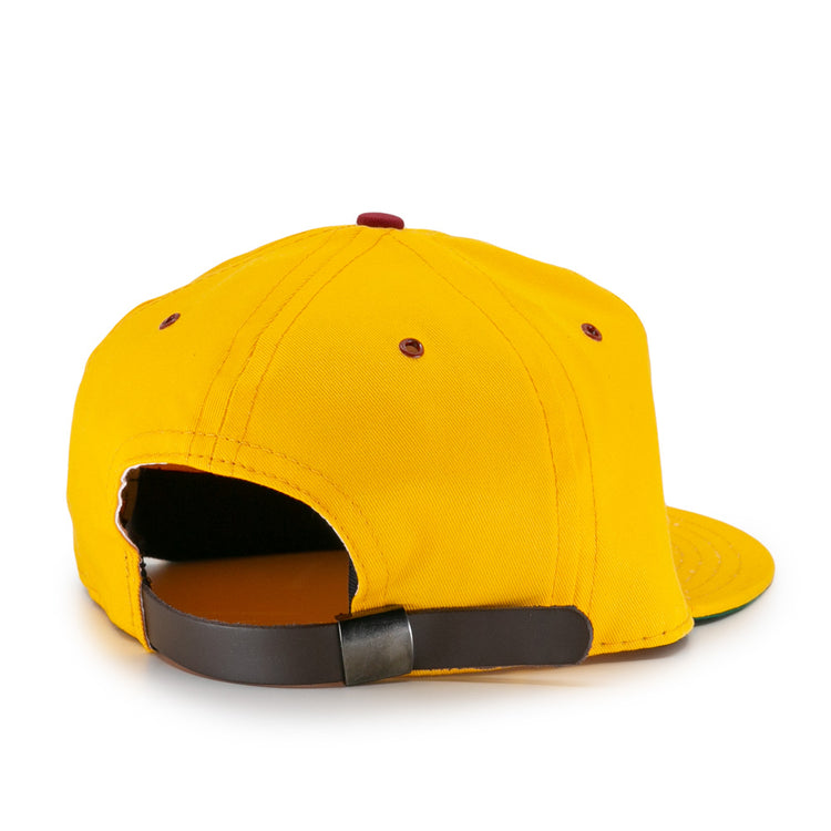 The EFF Albuquerque Dukes Cotton Twill Ballcap is yellow, shown from the back with a brown adjustable strap and red embroidered eyelets.