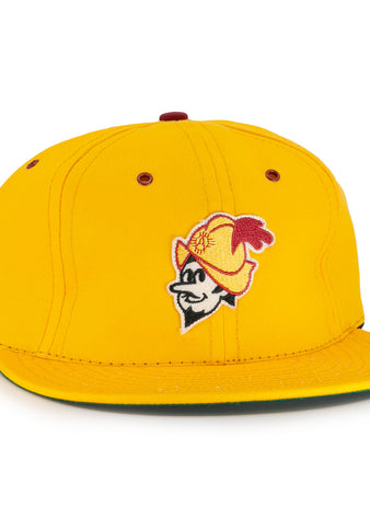 The Albuquerque Dukes Cotton Twill Ballcap by EFF features bright yellow cotton twill, a cartoon mascot with mustache and feathered hat embroidered on the front, maroon eyelets and top button, plus a flat brim—celebrating this Pacific Coast League classic.