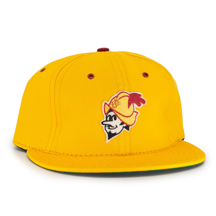 The Albuquerque Dukes Cotton Twill Ballcap by EFF features bright yellow cotton twill, a cartoon mascot with mustache and feathered hat embroidered on the front, maroon eyelets and top button, plus a flat brim—celebrating this Pacific Coast League classic.