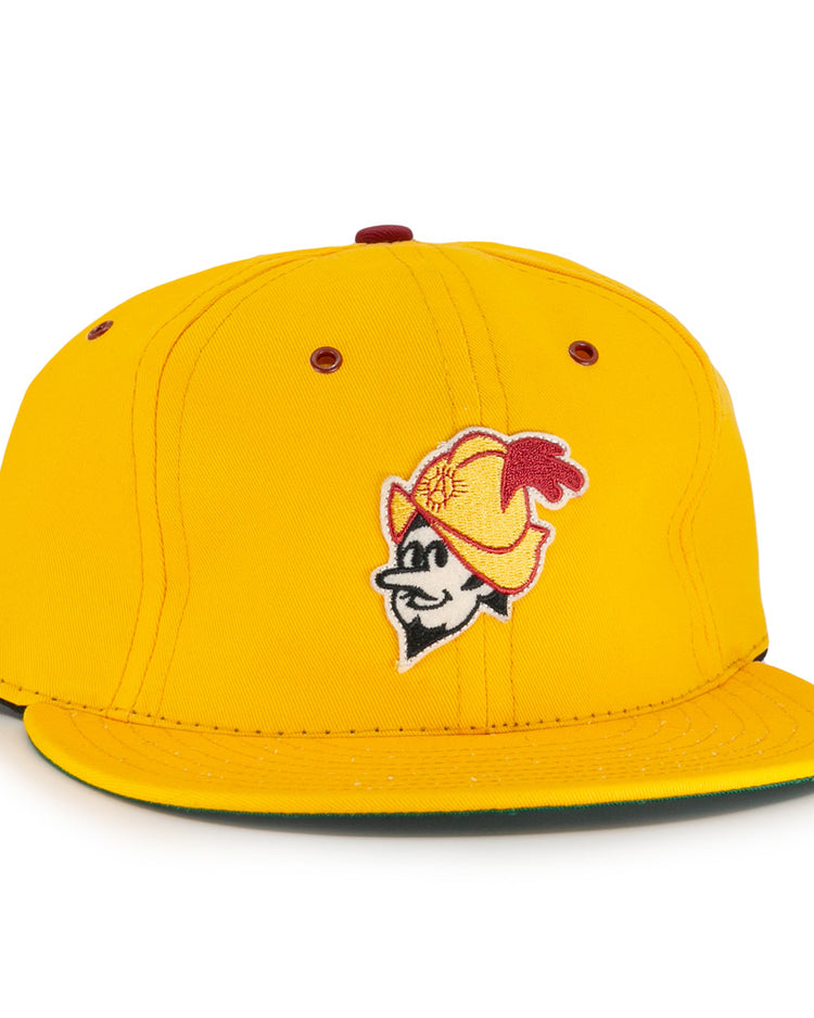 The Albuquerque Dukes Cotton Twill Ballcap by EFF features bright yellow cotton twill, a cartoon mascot with mustache and feathered hat embroidered on the front, maroon eyelets and top button, plus a flat brim—celebrating this Pacific Coast League classic.
