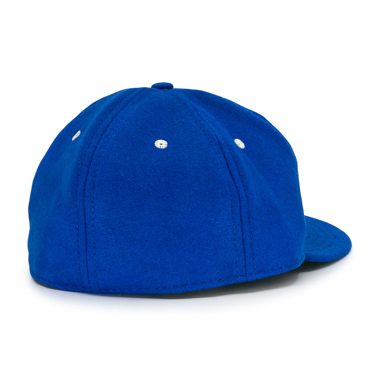 The Almendares Alacranes 1947 Vintage Ballcap by Ebbets Field Flannels is a royal blue wool baseball hat shown from the back and side, with white ventilation holes and a curved brim.