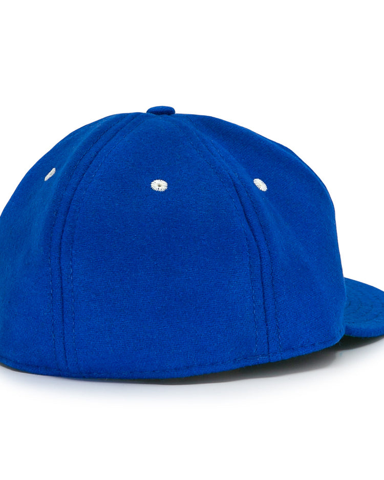 The Almendares Alacranes 1947 Vintage Ballcap by Ebbets Field Flannels is a royal blue wool baseball hat shown from the back and side, with white ventilation holes and a curved brim.