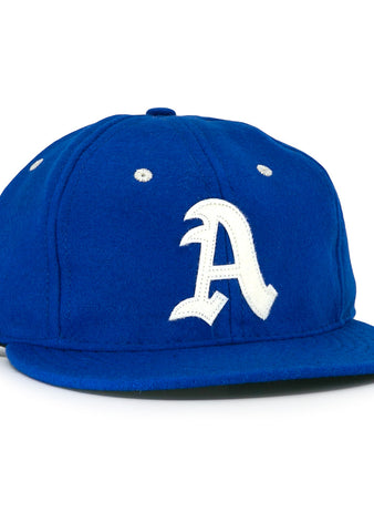 The Almendares Alacranes 1947 Vintage Ballcap by Ebbets Field Flannels is a blue cap with a white embroidered A, flat brim, and classic vintage baseball style, inspired by the original Cuban teams historic look.