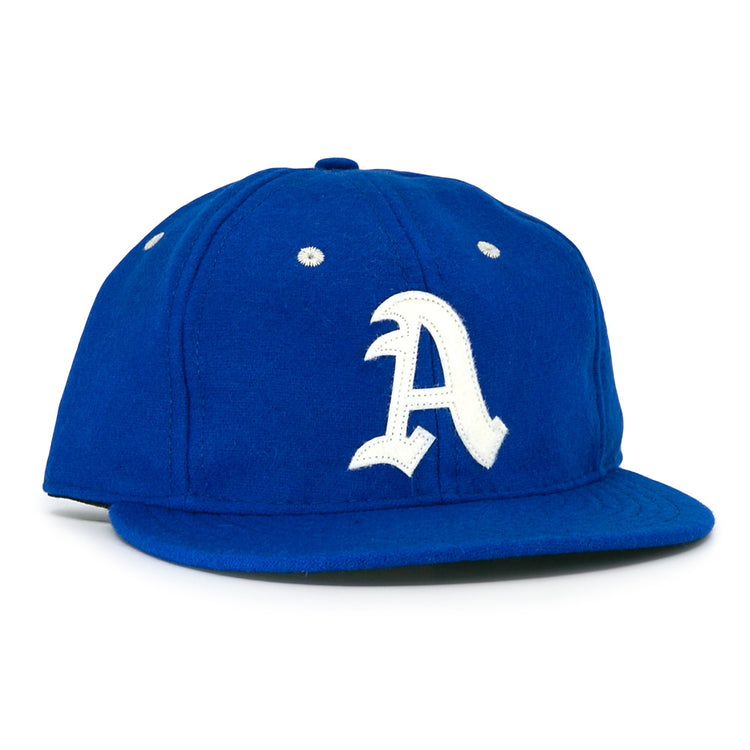 The Almendares Alacranes 1947 Vintage Ballcap by Ebbets Field Flannels is a blue cap with a white embroidered A, flat brim, and classic vintage baseball style, inspired by the original Cuban teams historic look.