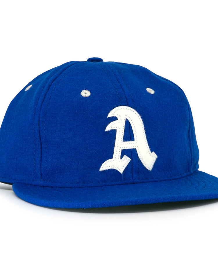 The Almendares Alacranes 1947 Vintage Ballcap by Ebbets Field Flannels is a blue cap with a white embroidered A, flat brim, and classic vintage baseball style, inspired by the original Cuban teams historic look.