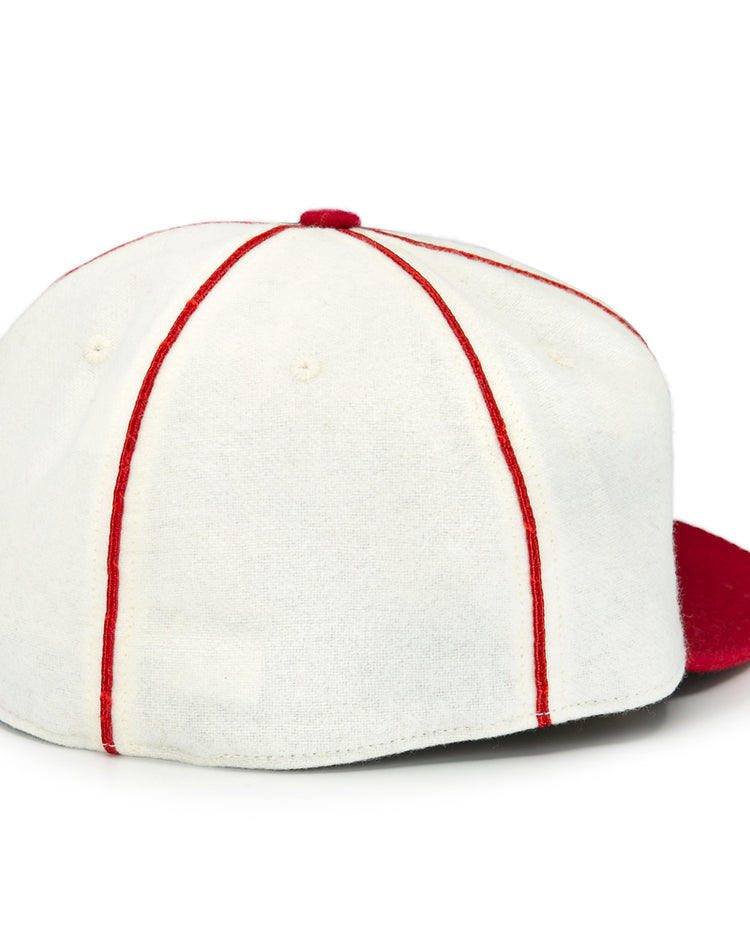 The EFF Asahi Vancouver 1940 Vintage Ballcap showcases a red brim and vertical red seams, shown from the back.