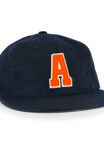The Ebbets Field Flannels Auburn University 1966 Vintage Ballcap is a navy blue, officially licensed hat featuring a large orange letter A outlined in white on the front.