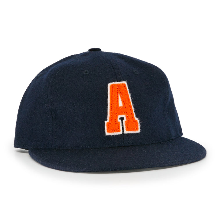 The Ebbets Field Flannels Auburn University 1966 Vintage Ballcap is a navy blue, officially licensed hat featuring a large orange letter A outlined in white on the front.