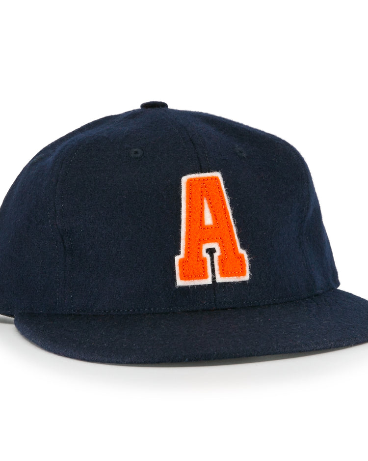 The Ebbets Field Flannels Auburn University 1966 Vintage Ballcap is a navy blue, officially licensed hat featuring a large orange letter A outlined in white on the front.