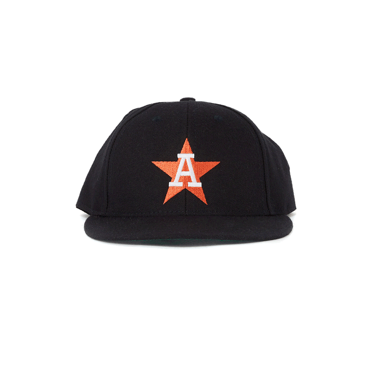 The Auburn Astros 1988 Vintage Ballcap by EFF is a black cap featuring an orange star with a white “A” at the center, capturing the authentic New York-Penn League style.