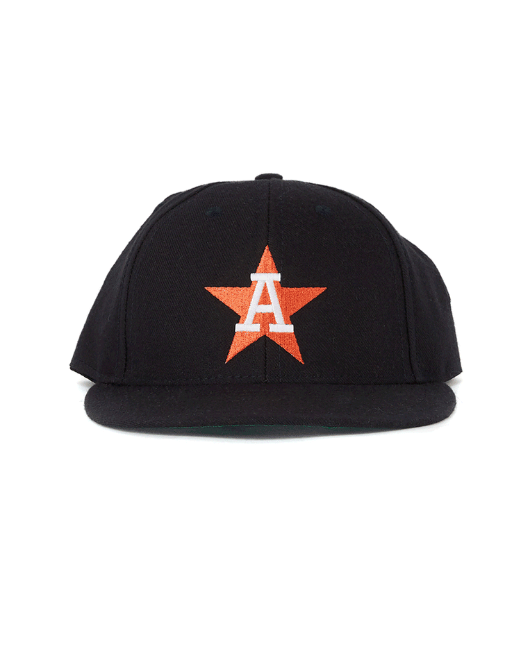 The Auburn Astros 1988 Vintage Ballcap by EFF is a black cap featuring an orange star with a white “A” at the center, capturing the authentic New York-Penn League style.