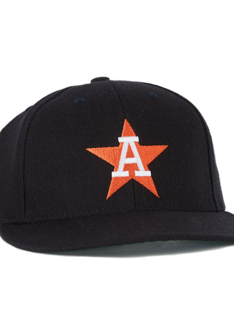 The EFF Auburn Astros 1988 Vintage Ballcap is a black cap with an orange star and white “A” embroidered on the front, authentically reproducing the New York-Penn League classic.