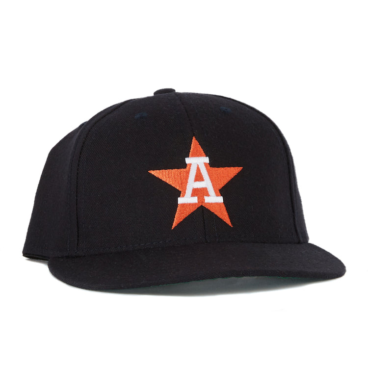 The EFF Auburn Astros 1988 Vintage Ballcap is a black cap with an orange star and white “A” embroidered on the front, authentically reproducing the New York-Penn League classic.