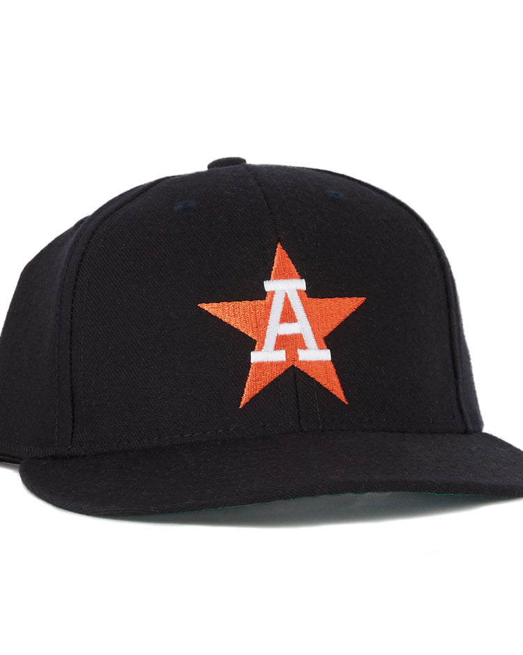 The EFF Auburn Astros 1988 Vintage Ballcap is a black cap with an orange star and white “A” embroidered on the front, authentically reproducing the New York-Penn League classic.
