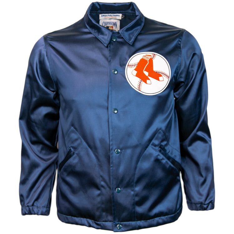 The EFF Boston Red Sox 1967 Satin Windbreaker is navy blue with the team logo—two red socks over a white baseball—on the left chest, plus snap buttons and two front pockets.