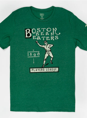 The EFF Boston Beaneaters 1890 T-Shirt is a green unisex tee with a vintage baseball player graphic and “Boston Bean Eaters, 1890, Players National League” text.