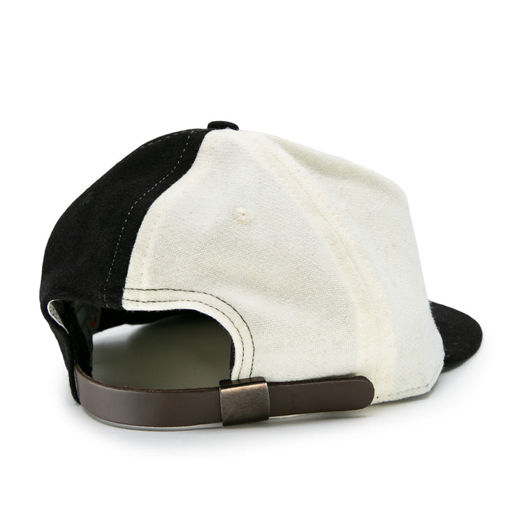 The EFF Bacharach Giants 1924 Vintage Ballcap is black and white, shown from the back with a brown adjustable strap, metal buckle, visible stitching, and classic styling.