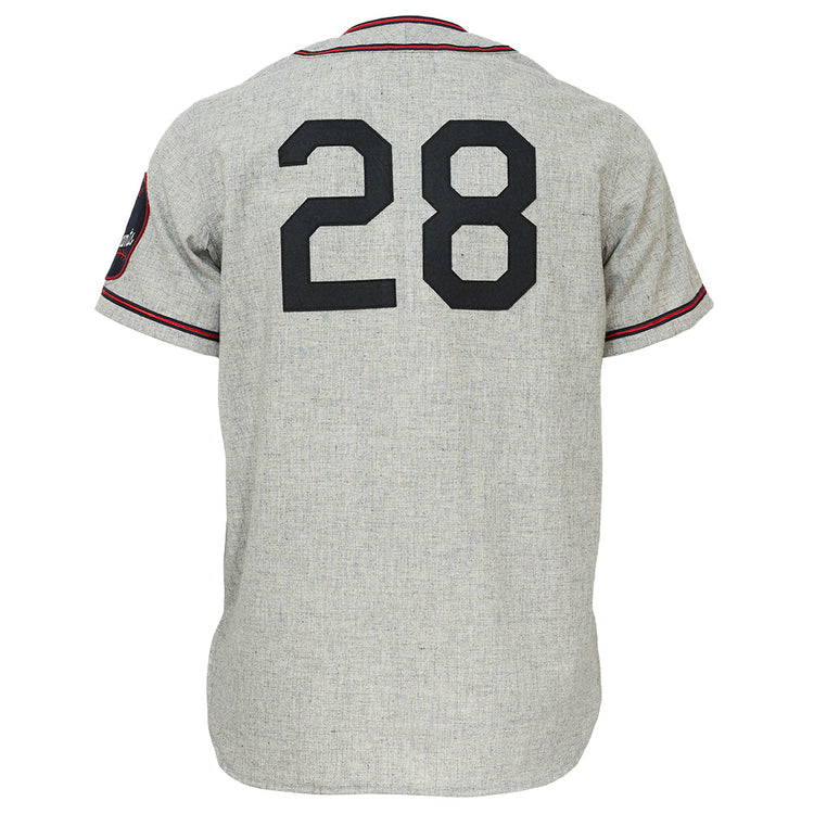 The EFF Baltimore Elite Giants 1949 Road Jersey is gray with red and black trim, large black number 28 on the back, and a left sleeve patch. This authentic baseball jersey is shown on a plain white background.