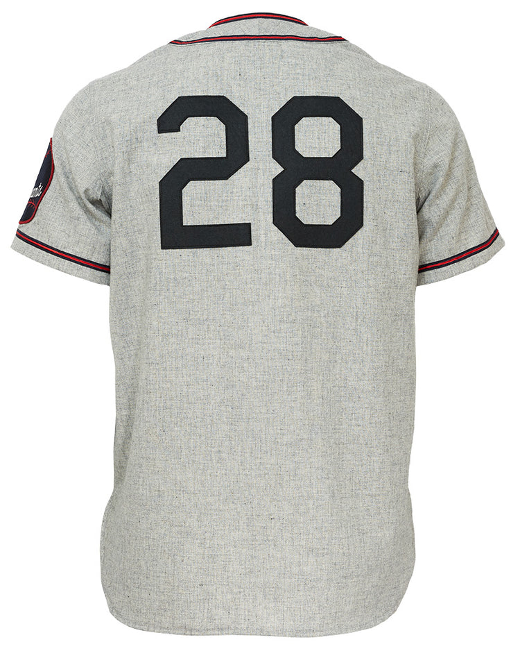 The EFF Baltimore Elite Giants 1949 Road Jersey is gray with red and black trim, large black number 28 on the back, and a left sleeve patch. This authentic baseball jersey is shown on a plain white background.