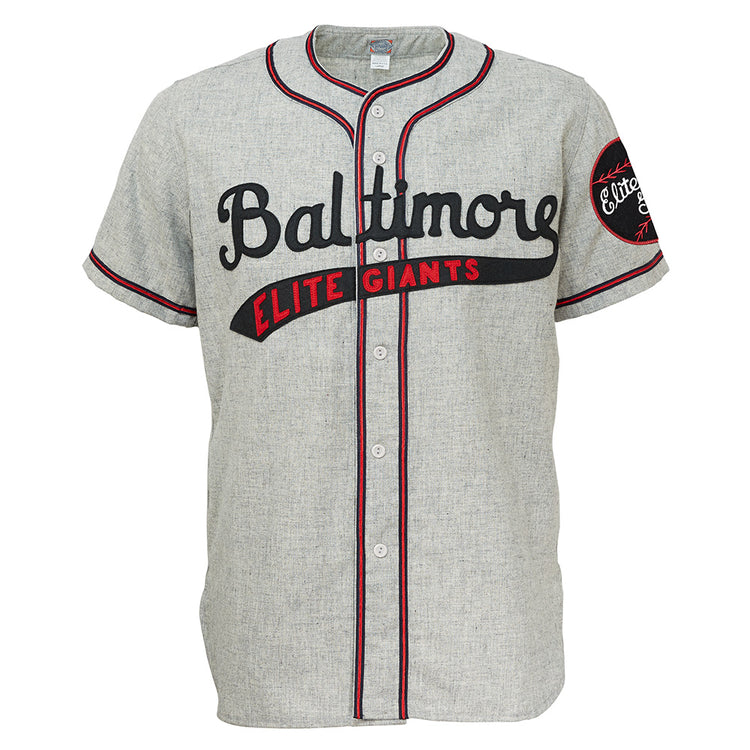 The EFF Baltimore Elite Giants 1949 Road Jersey is a gray short-sleeve button-up with black and red piping, team script and block letters on the front, a circular sleeve patch, and authentic Negro National League style.