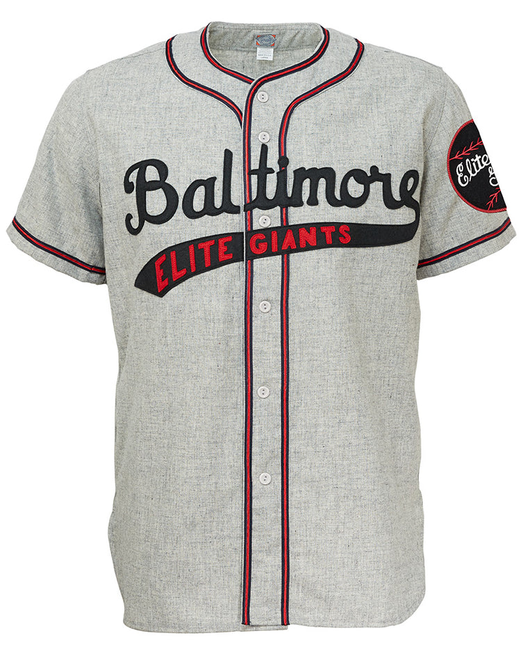The EFF Baltimore Elite Giants 1949 Road Jersey is a gray short-sleeve button-up with black and red piping, team script and block letters on the front, a circular sleeve patch, and authentic Negro National League style.