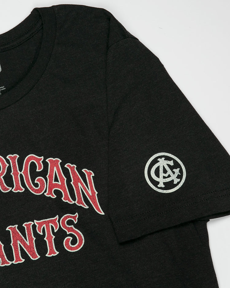 The EFF Chicago American Giants T-Shirt features black fabric with red and white AMERICAN GIANTS text on the chest and a circular white interlocking logo on the left sleeve, celebrating the legendary Black baseball team.