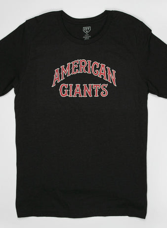 The EFF Chicago American Giants T-Shirt, in black, features bold red and white outlined AMERICAN GIANTS lettering across the chest, honoring the legendary Negro League team. Shown laid flat on a white background.