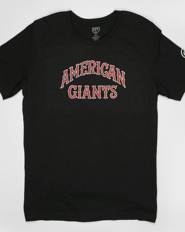 The EFF Chicago American Giants T-Shirt, in black, features bold red and white outlined AMERICAN GIANTS lettering across the chest, honoring the legendary Negro League team. Shown laid flat on a white background.