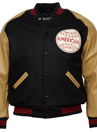 The EFF Chicago American Giants 1936 Authentic Jacket is black with tan leather sleeves, tan-trimmed pockets, red/black striped cuffs and collar, and a large team patch on the left chest.