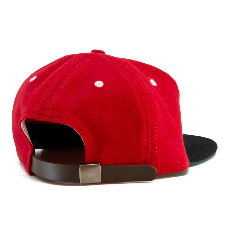 The Ebbets Field Flannels University of Cincinnati 1960 Vintage Ballcap is seen from the back, showing white stitched eyelets, a black adjustable strap with metal clasp, and a dark brim—an authentic classic reproduction.