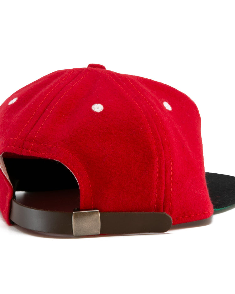 The Ebbets Field Flannels University of Cincinnati 1960 Vintage Ballcap is seen from the back, showing white stitched eyelets, a black adjustable strap with metal clasp, and a dark brim—an authentic classic reproduction.