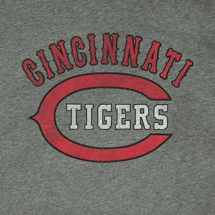 The EFF Cincinnati Tigers 1934 T-Shirt features gray fabric with a red outlined “C” logo, “CINCINNATI” in red above, and “TIGERS” in white inside the “C”—honoring the Negro American League’s Cincinnati Tigers.