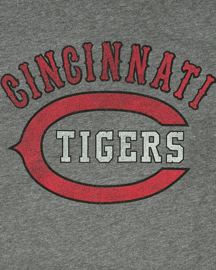 The EFF Cincinnati Tigers 1934 T-Shirt features gray fabric with a red outlined “C” logo, “CINCINNATI” in red above, and “TIGERS” in white inside the “C”—honoring the Negro American League’s Cincinnati Tigers.
