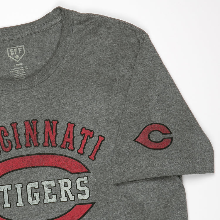 The EFF Cincinnati Tigers 1934 T-Shirt is gray with Cincinnati Tigers in red and white letters and a large red C on the front, honoring the legendary Negro American League team. A small red C logo accents the left sleeve.