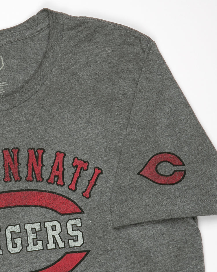 The EFF Cincinnati Tigers 1934 T-Shirt is gray with Cincinnati Tigers in red and white letters and a large red C on the front, honoring the legendary Negro American League team. A small red C logo accents the left sleeve.