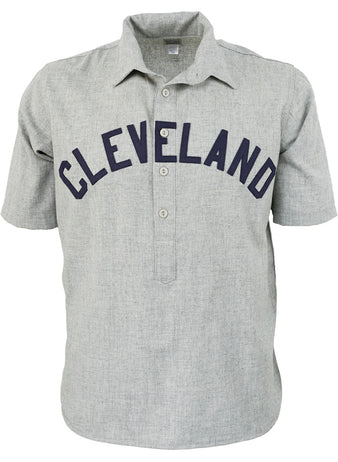 The EFF Cleveland Spiders 1895 Road Jersey is a gray, short-sleeve button-up with CLEVELAND in bold navy letters across the chest, inspired by an authentic vintage Spiders jersey.
