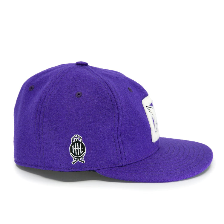 The EFF Cleveland Falcons 1936 Vintage Ballcap is a purple wool cap with a white rectangular front patch, a black and white circular side logo featuring crossed bats, and an adjustable leather strap for the perfect fit.