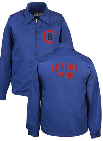 The EFF Cleveland Buckeyes Grounds Crew Jacket in royal blue has a zipper, a red and blue CB logo on the front, and LEAGUE PARK in red across the back, honoring the Negro American League. Front and back are both shown.