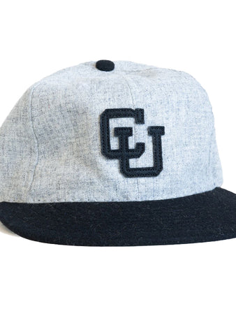 The EFF University of Colorado 1947 Vintage Ballcap features a gray crown, black brim, black top button, and a black CU logo on the front for a classic look.