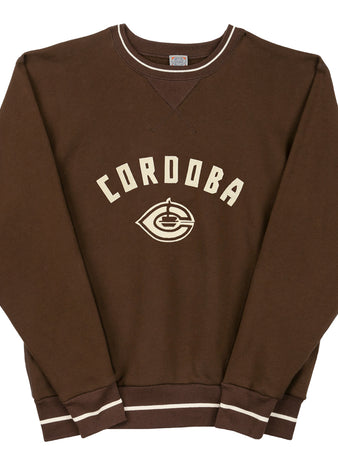 The Cordoba Cafeteros Vintage Crewneck Sweatshirt by EFF is a brown French terry pullover with white trim and CORDOBA in arched white letters above a circular logo featuring a stylized C. Made in the USA.