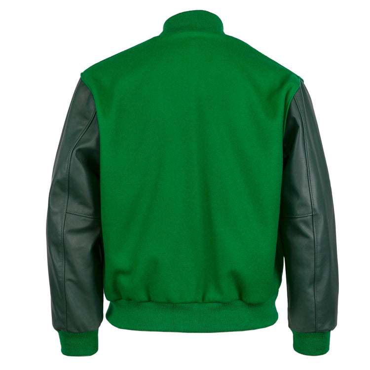 The EFF Chicago White Sox 1932 Authentic Jacket in kelly green features dark green leather sleeves, matching ribbed cuffs and waist, and is shown from the back against a plain white background.