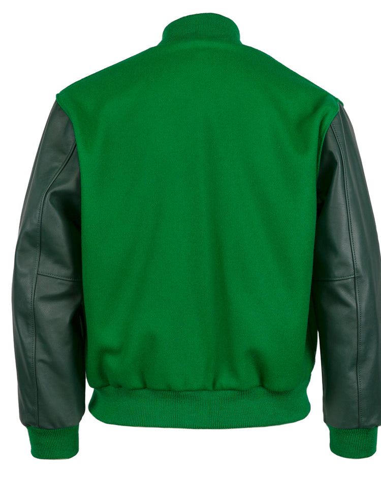The EFF Chicago White Sox 1932 Authentic Jacket in kelly green features dark green leather sleeves, matching ribbed cuffs and waist, and is shown from the back against a plain white background.