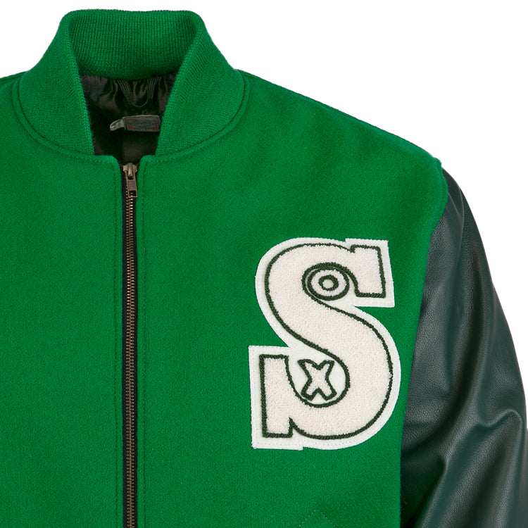 The EFF Chicago White Sox 1932 Authentic Jacket features kelly green wool, black leather sleeves, a black zipper, and a bold white “S” patch outlined in black on the left chest—evoking vintage varsity style.