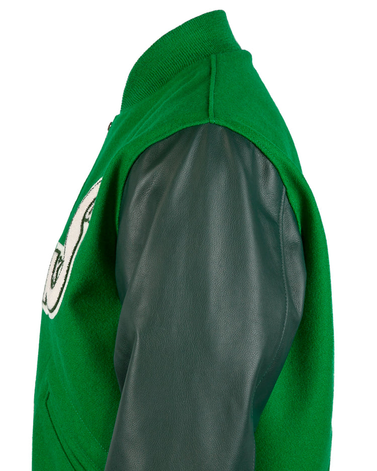 Side view of the EFF Chicago White Sox 1932 Authentic Jacket in kelly green with dark green leather sleeves and a white chest patch, inspired by the original 1932 design.