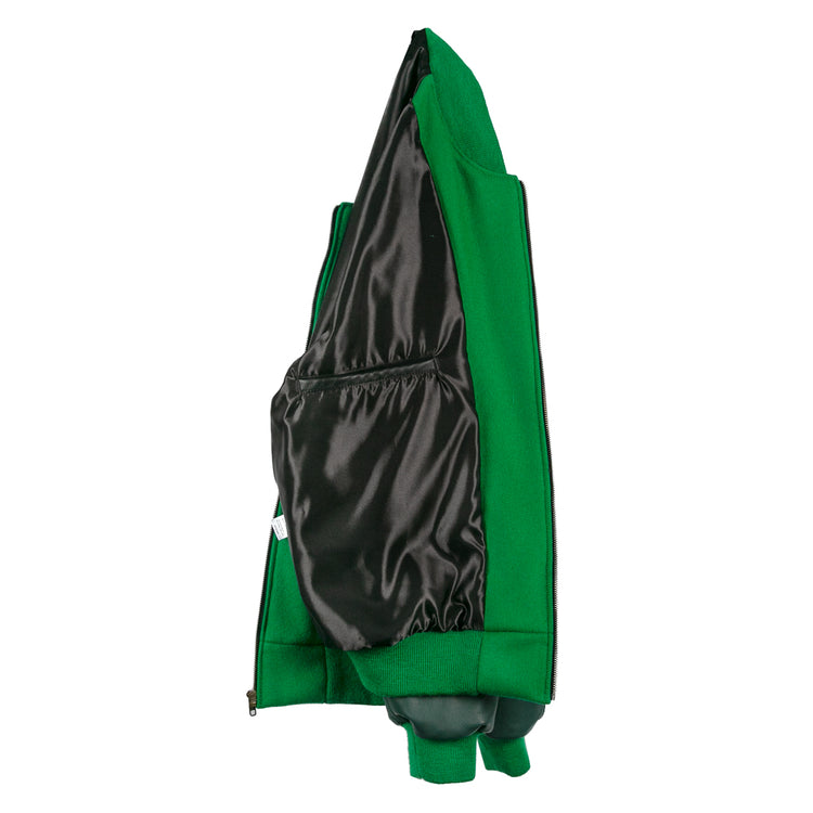 The EFF Chicago White Sox 1932 Authentic Jacket in kelly green is shown inside out, highlighting its black shiny lining and interior pocket, with the vintage-inspired look of a classic 1932 reproduction.