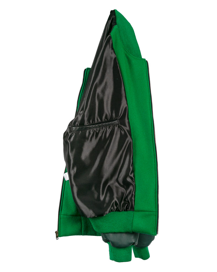 The EFF Chicago White Sox 1932 Authentic Jacket in kelly green is shown inside out, highlighting its black shiny lining and interior pocket, with the vintage-inspired look of a classic 1932 reproduction.
