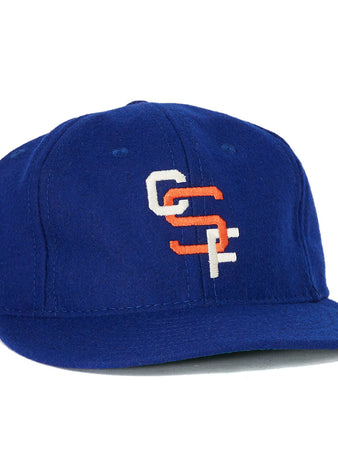 The EFF Cal State Fullerton 1965 Vintage Ballcap features blue wool and overlapping white and orange G and S embroidery, ideal for vintage baseball cap fans.