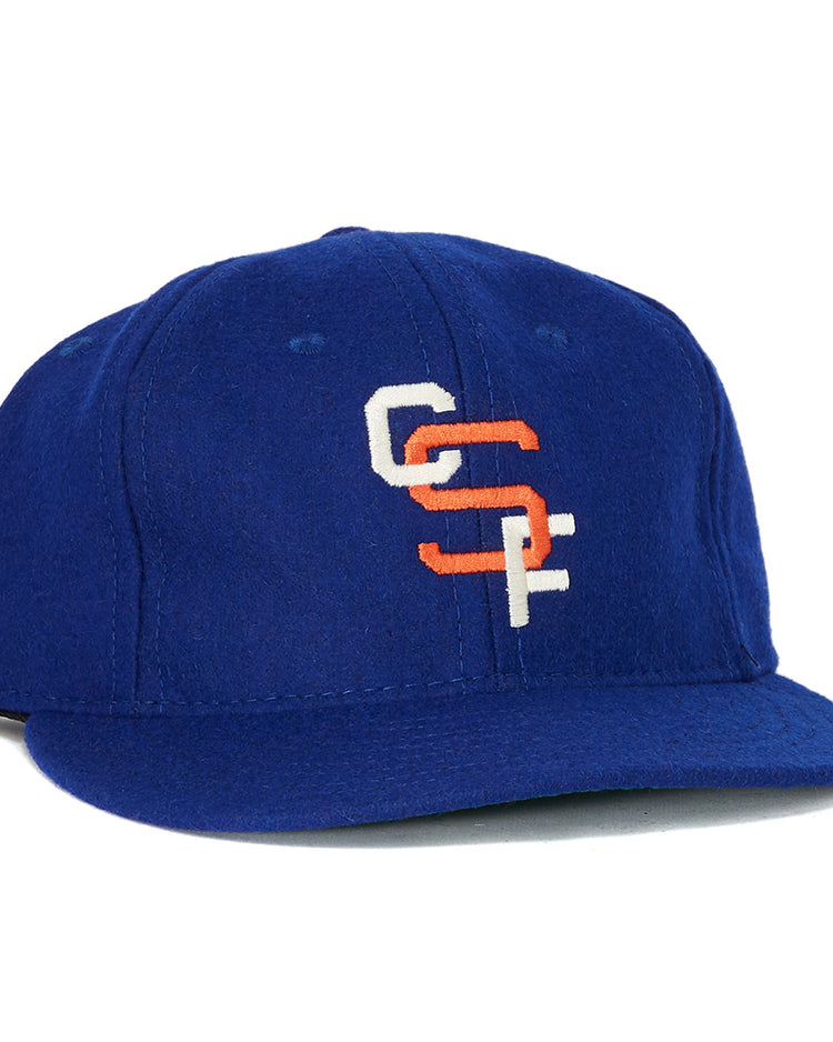 The EFF Cal State Fullerton 1965 Vintage Ballcap features blue wool and overlapping white and orange G and S embroidery, ideal for vintage baseball cap fans.